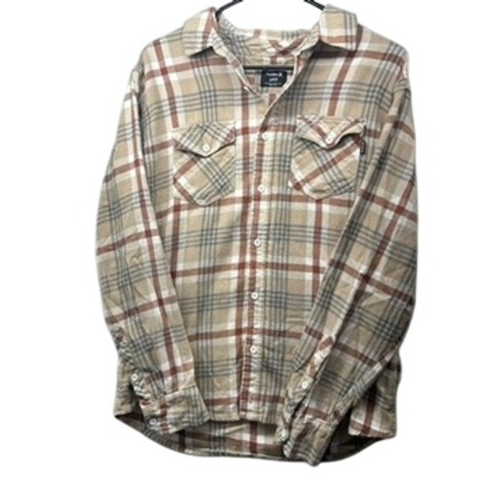 Hurley Mens Plaid Flannel Button Down Shirt Tan Brown White Small
